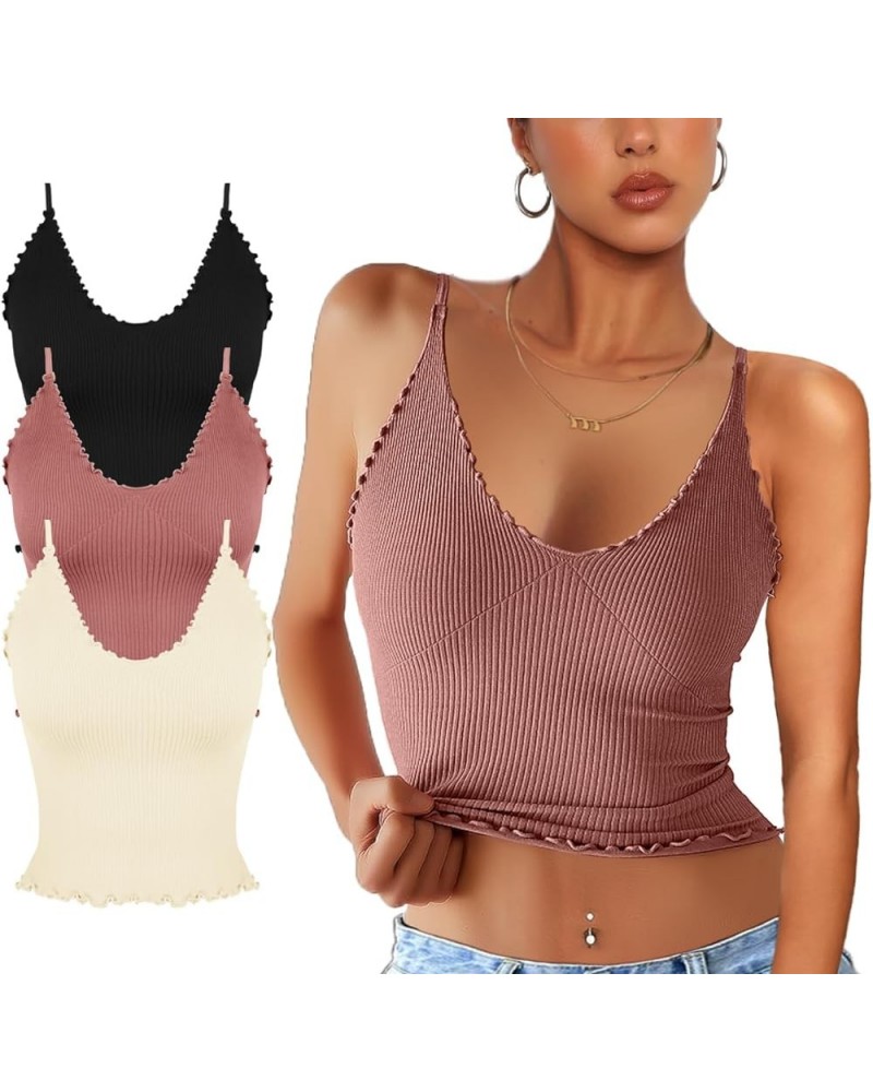 Women 3 Pack Ruffled V Neck Cropped Tops Workout Basic Ribbed Camisole Tank Tops 3 Pack-black+beige+dusty Pink $11.00 Tanks