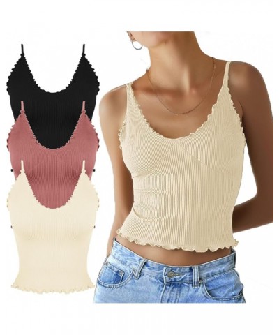 Women 3 Pack Ruffled V Neck Cropped Tops Workout Basic Ribbed Camisole Tank Tops 3 Pack-black+beige+dusty Pink $11.00 Tanks