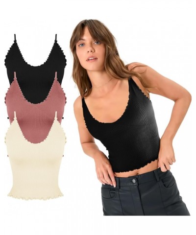 Women 3 Pack Ruffled V Neck Cropped Tops Workout Basic Ribbed Camisole Tank Tops 3 Pack-black+beige+dusty Pink $11.00 Tanks