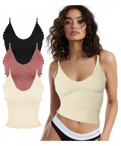 Women 3 Pack Ruffled V Neck Cropped Tops Workout Basic Ribbed Camisole Tank Tops 3 Pack-black+beige+dusty Pink $11.00 Tanks