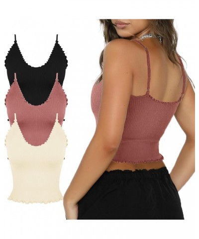 Women 3 Pack Ruffled V Neck Cropped Tops Workout Basic Ribbed Camisole Tank Tops 3 Pack-black+beige+dusty Pink $11.00 Tanks