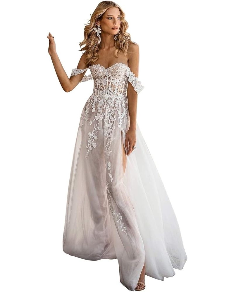 Women's Beach Spaghetti Strap Wedding Dresses for Bride 2024 Boho Long Lace Bridal Gowns for Wedding YMS041 W-ivory $70.38 Dr...