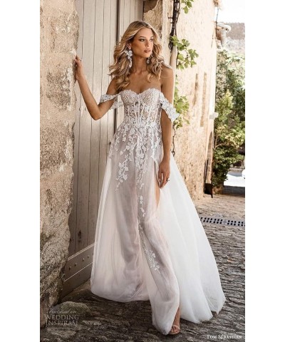 Women's Beach Spaghetti Strap Wedding Dresses for Bride 2024 Boho Long Lace Bridal Gowns for Wedding YMS041 W-ivory $70.38 Dr...