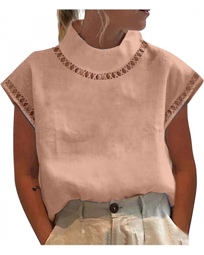 Womens Tops Dressy Casual Spring 2023 Fashion Casp Sleeve Linen Shirts High Neck Eyelet Summer t-Shirt Blouse K06-pink $9.79 ...