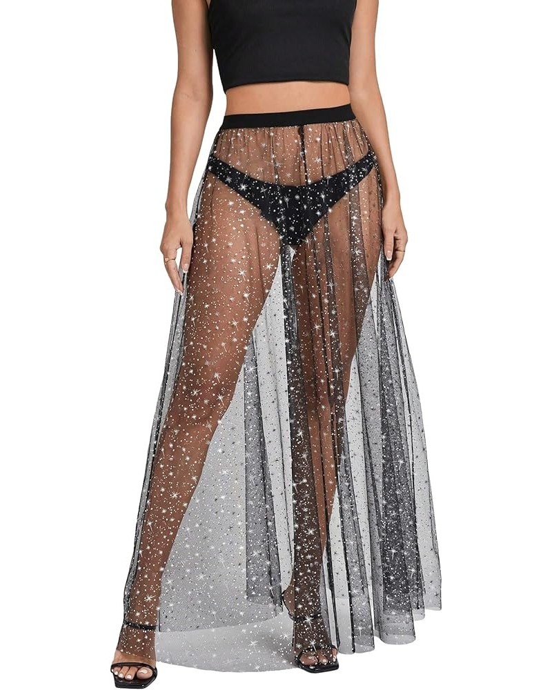 Women's High Waist Sheer Mesh A Line Flowy Maxi Skirt Cover Up Black Silver $19.79 Swimsuits