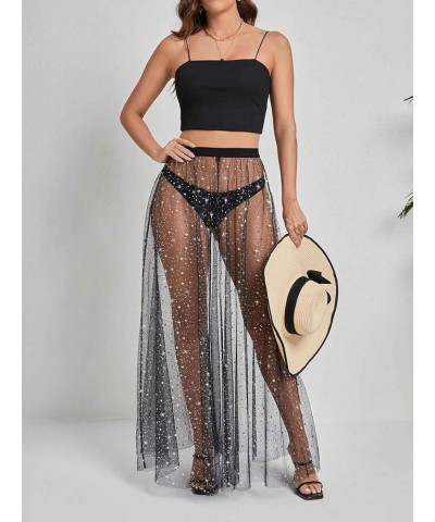 Women's High Waist Sheer Mesh A Line Flowy Maxi Skirt Cover Up Black Silver $19.79 Swimsuits