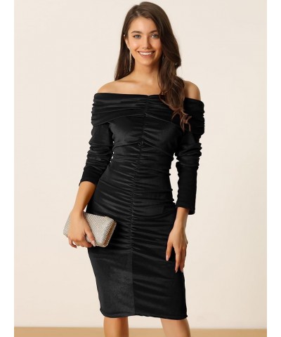 Women's Off Shoulder Velvet Dress Ruched Long Sleeve Party Cocktail Bodycon Dresses Black $13.64 Dresses