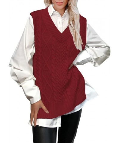 Women’s Oversized Sweater Vest V Neck Sleeveless Plaid Cable Knit Tank Top Sweaters Wine Red $21.23 Sweaters