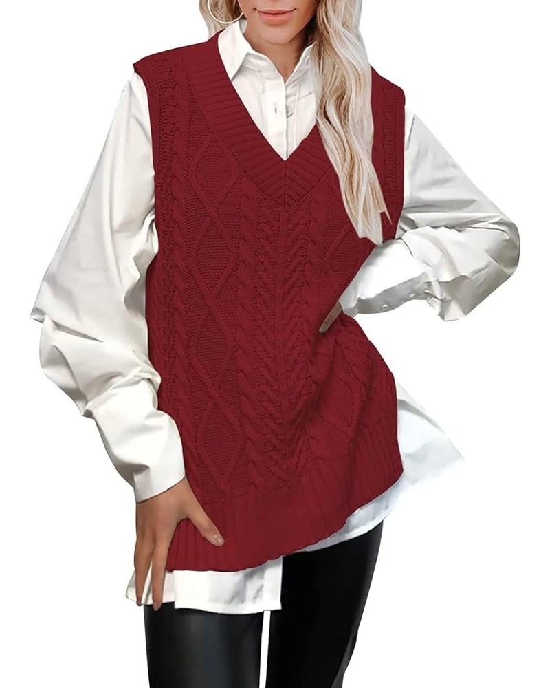 Women’s Oversized Sweater Vest V Neck Sleeveless Plaid Cable Knit Tank Top Sweaters Wine Red $21.23 Sweaters