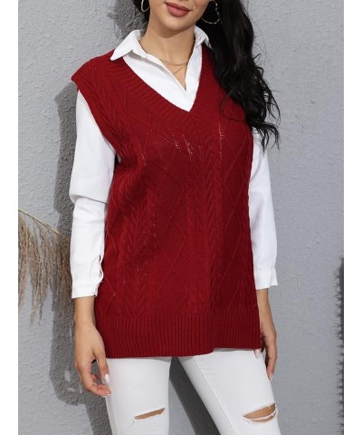 Women’s Oversized Sweater Vest V Neck Sleeveless Plaid Cable Knit Tank Top Sweaters Wine Red $21.23 Sweaters