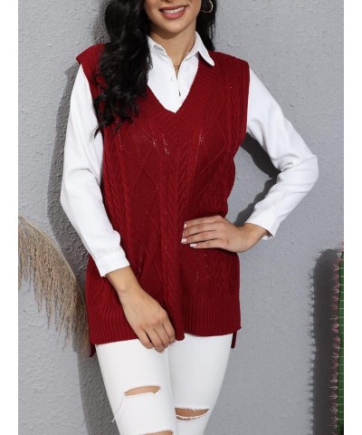 Women’s Oversized Sweater Vest V Neck Sleeveless Plaid Cable Knit Tank Top Sweaters Wine Red $21.23 Sweaters