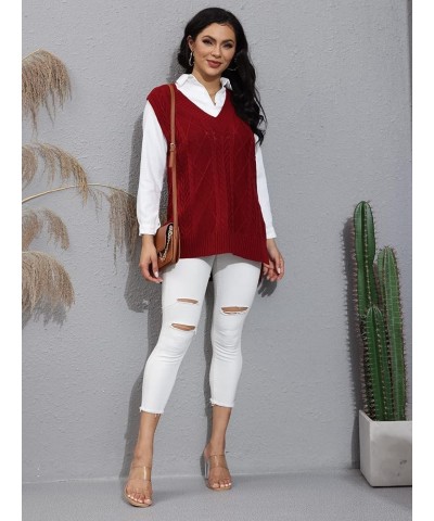 Women’s Oversized Sweater Vest V Neck Sleeveless Plaid Cable Knit Tank Top Sweaters Wine Red $21.23 Sweaters