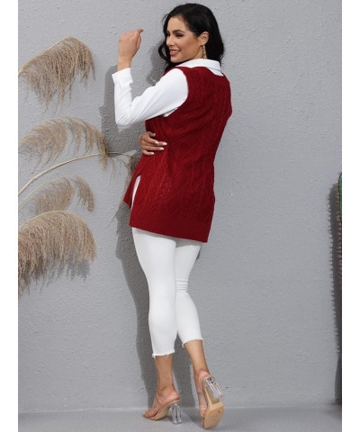 Women’s Oversized Sweater Vest V Neck Sleeveless Plaid Cable Knit Tank Top Sweaters Wine Red $21.23 Sweaters