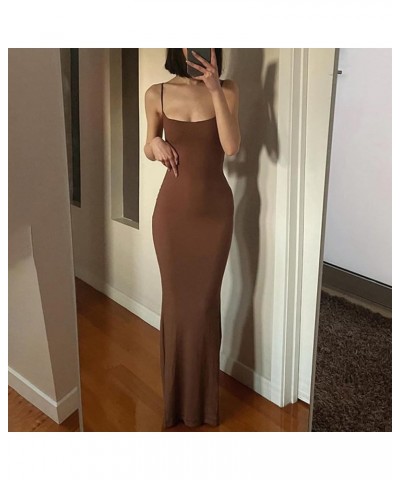 Women's Sexy Bodycon Slip Maxi Dress Casual Spaghetti Straps Backless Slim Long Dresses Brown $18.54 Dresses