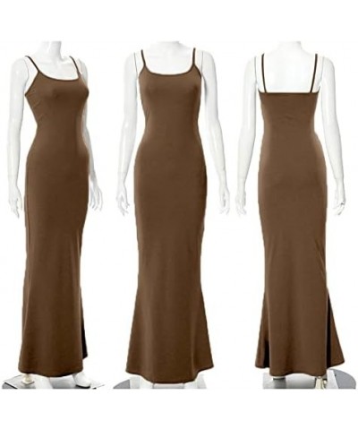 Women's Sexy Bodycon Slip Maxi Dress Casual Spaghetti Straps Backless Slim Long Dresses Brown $18.54 Dresses