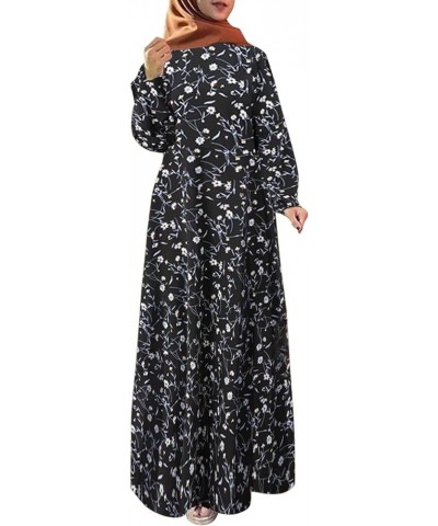 Women's Muslim Robe Vintage Dress Floral Printed Long Sleeve Loose Muslim Long Dress Pleated Simple Comfy Maxi Dresses C-blac...