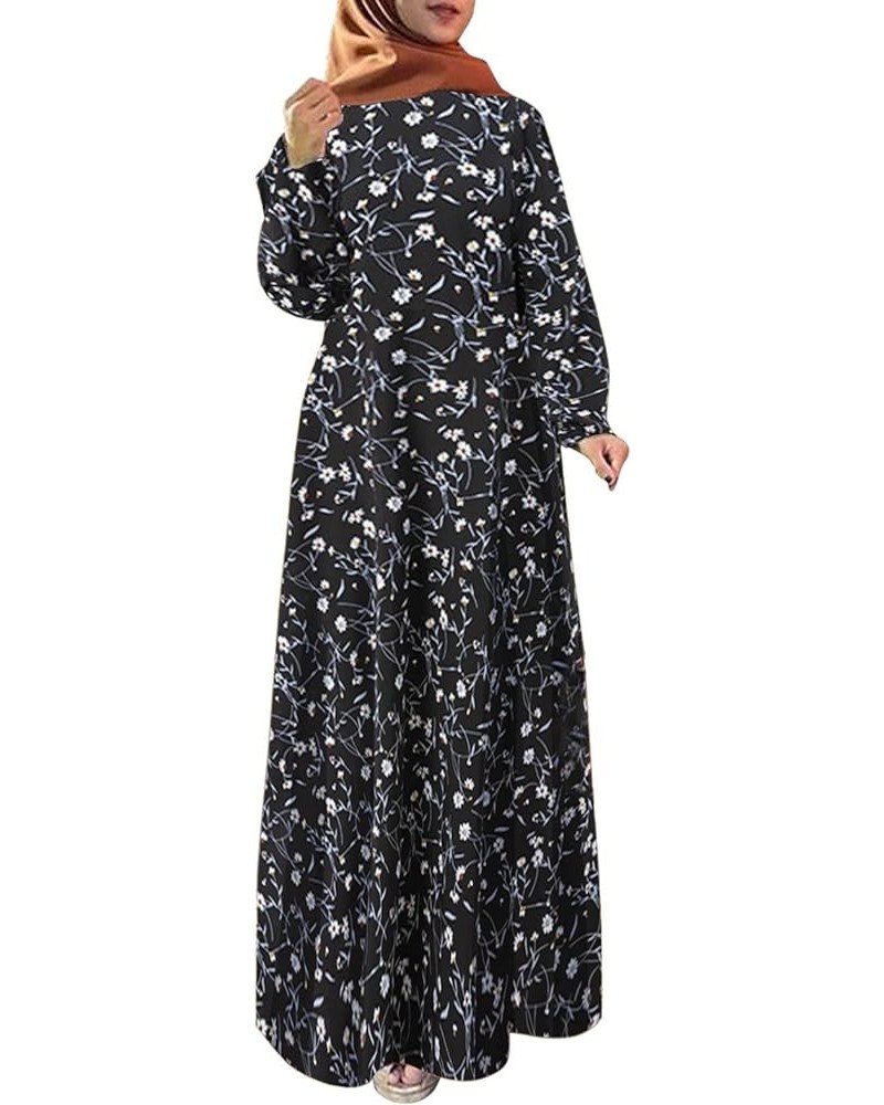 Women's Muslim Robe Vintage Dress Floral Printed Long Sleeve Loose Muslim Long Dress Pleated Simple Comfy Maxi Dresses C-blac...