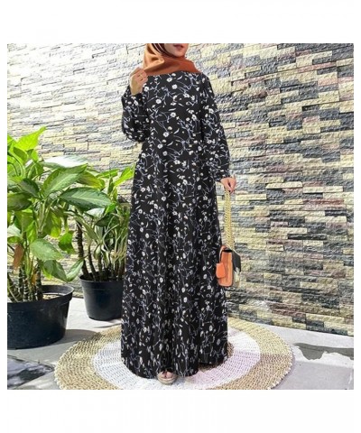 Women's Muslim Robe Vintage Dress Floral Printed Long Sleeve Loose Muslim Long Dress Pleated Simple Comfy Maxi Dresses C-blac...