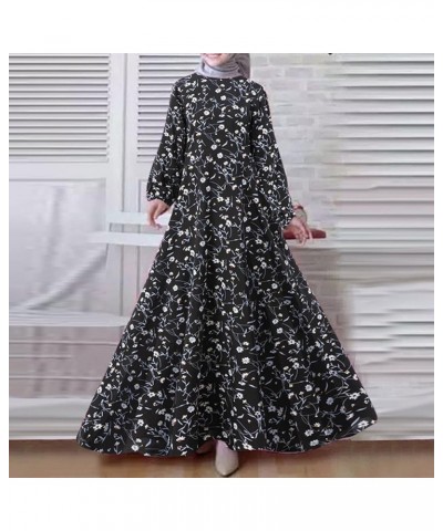 Women's Muslim Robe Vintage Dress Floral Printed Long Sleeve Loose Muslim Long Dress Pleated Simple Comfy Maxi Dresses C-blac...