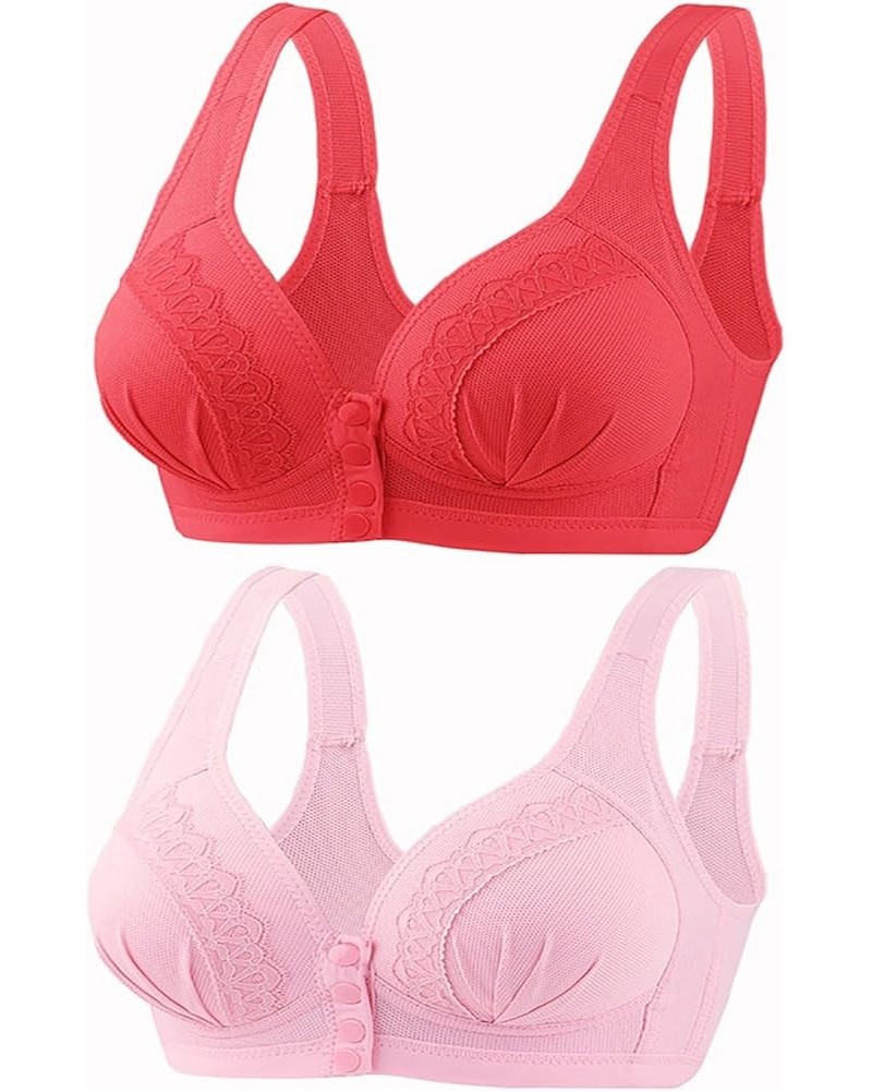 2PC Women Daily Bra Front Closure Bra Front Snaps Bra Wireless Post-Surgery Bra High Support Bra Sports Push Up Bra 02 Red $1...