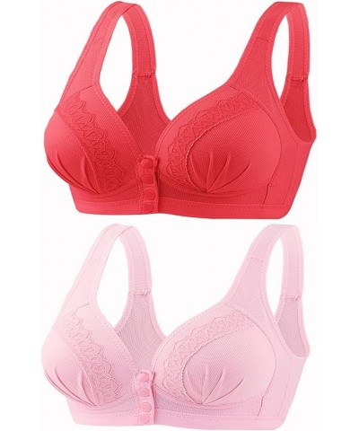 2PC Women Daily Bra Front Closure Bra Front Snaps Bra Wireless Post-Surgery Bra High Support Bra Sports Push Up Bra 02 Red $1...