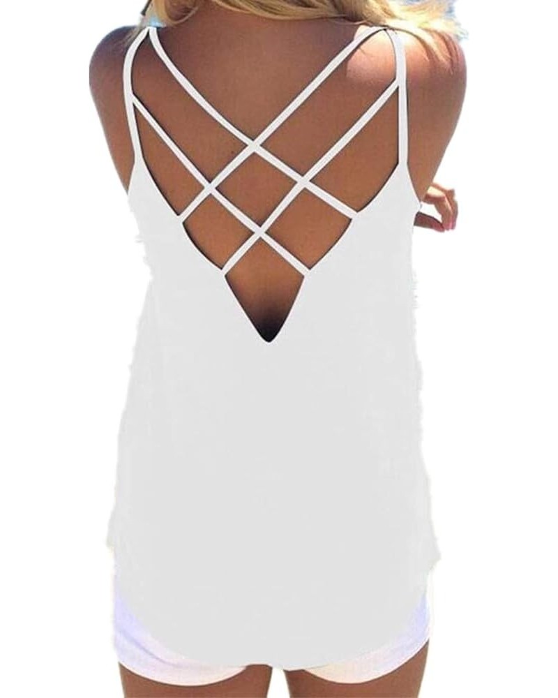 Women's Cute Criss Cross Back Tank Tops Loose Hollow Out Camisole Shirt White $11.39 Tanks