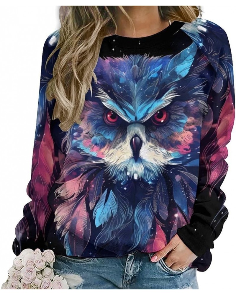 Fashion Owl Sweatshirt for Women Galaxy Pattern Long Sleeve Western Pullover Tops Feather Print Sweatshirt Ai_owl_13 $21.83 H...