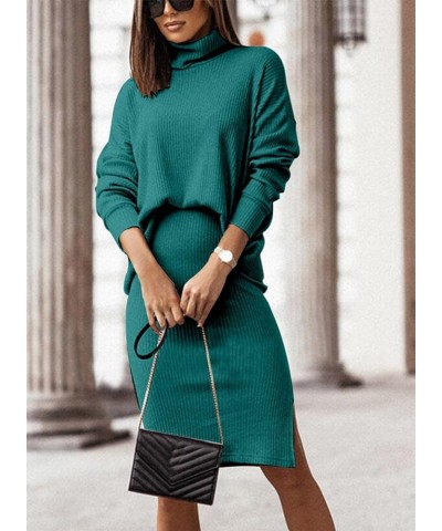 Women's 2 Piece Outfits 2023 Fall Long Sleeve Turtleneck Tops High Slit Bodycon Midi Skirt Outfit Two Piece Dress Set Green $...