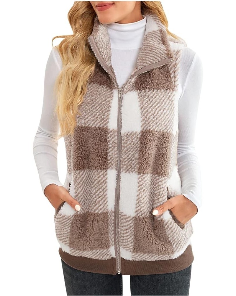 Zipper Vest for Women Plaid Printed Plush Coats Lapel Collar Sleeveless Fleece Jackets with Pockets Open Front Coat 02 Brown ...