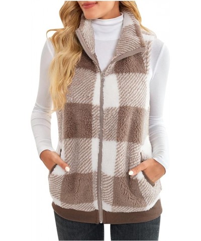 Zipper Vest for Women Plaid Printed Plush Coats Lapel Collar Sleeveless Fleece Jackets with Pockets Open Front Coat 02 Brown ...