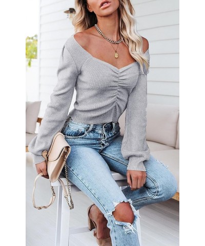 Fall Long Sleeve Cropped Sweaters for Women 2023 Off The Shoulder V Neck Ruched Ribbed Knit Going Out Tops Grey $22.13 Sweaters