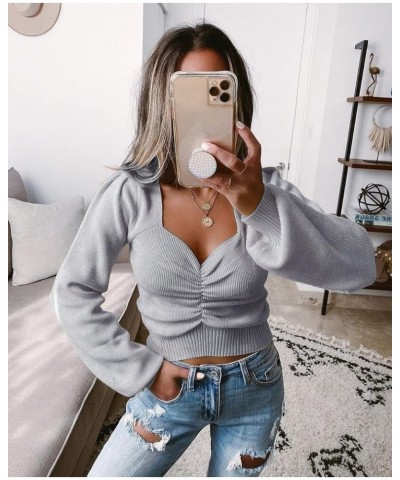 Fall Long Sleeve Cropped Sweaters for Women 2023 Off The Shoulder V Neck Ruched Ribbed Knit Going Out Tops Grey $22.13 Sweaters