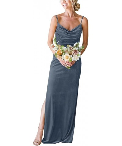 Cowl Neck Velvet Bridesmaid Dresses Long for Women with Slit Spaghetti Straps Formal Party Gowns Dusty Blue $32.32 Dresses