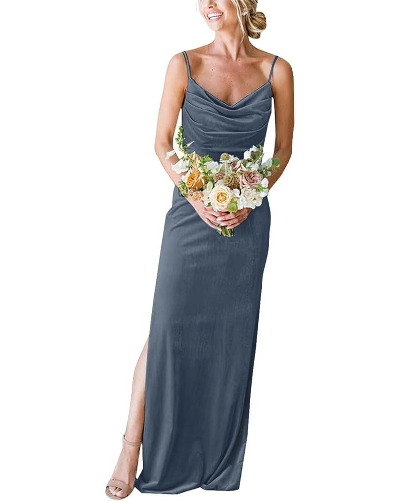 Cowl Neck Velvet Bridesmaid Dresses Long for Women with Slit Spaghetti Straps Formal Party Gowns Dusty Blue $32.32 Dresses