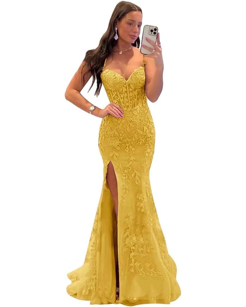 Mermaid Lace Prom Dresses for Women Spaghetti Strap Corset Formal Evening Party Dress with Slit Mustard Yellow $34.00 Dresses