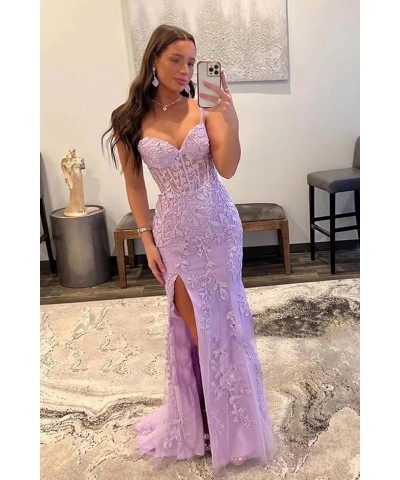 Mermaid Lace Prom Dresses for Women Spaghetti Strap Corset Formal Evening Party Dress with Slit Mustard Yellow $34.00 Dresses