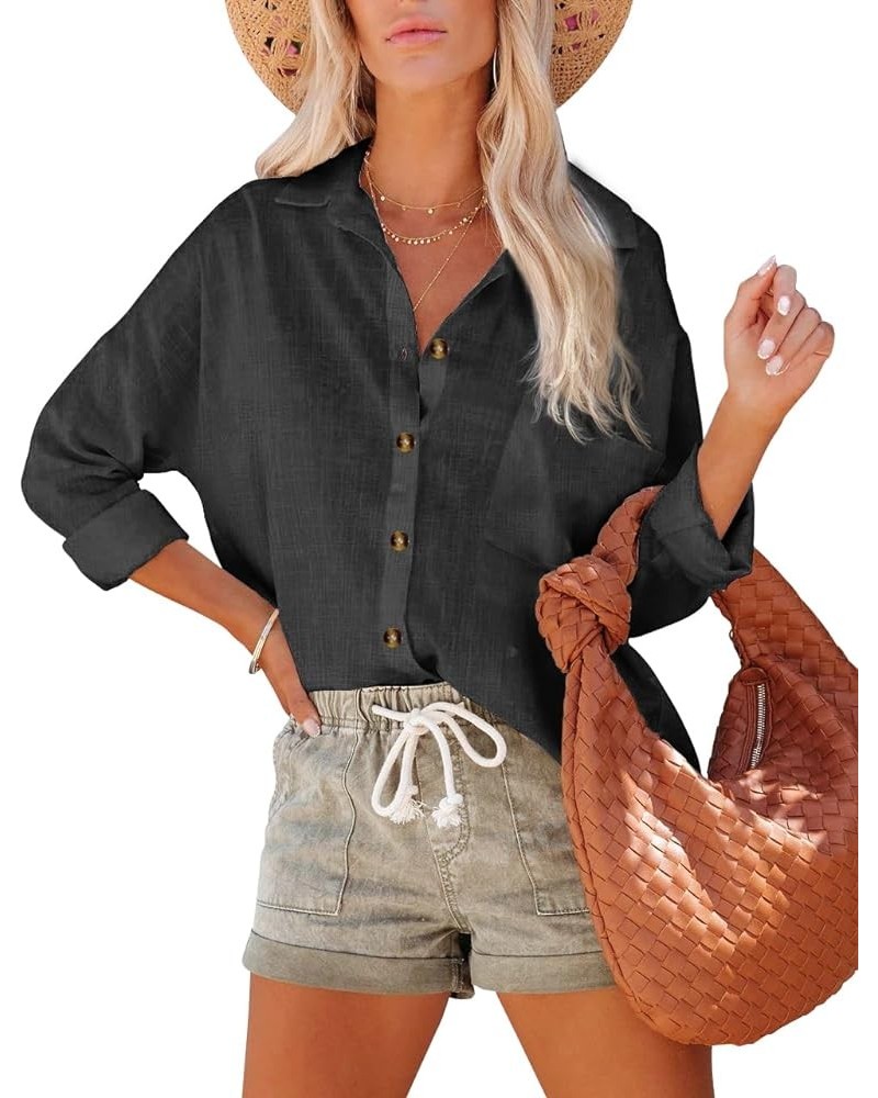 Women Cotton Linen Button Down Shirts Long Sleeve Office Collared Blouses V Neck Casual Tops Loose Fit with Pocket Black $12....