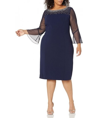 Women's Plus Size Short Shift Dress with Embellished Illusion Detail Navy/Silver $26.06 Dresses