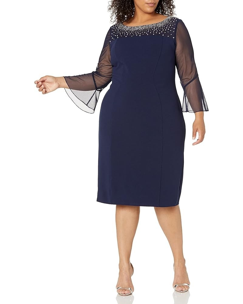 Women's Plus Size Short Shift Dress with Embellished Illusion Detail Navy/Silver $26.06 Dresses