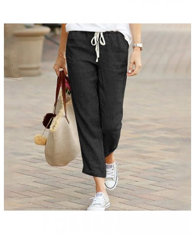 Linen Pants for Women Drawstring Elastic Waist Cotton Pants Cuffed Hem Ankle Trousers Straight Leg Capris Pants 04 Black $6.2...