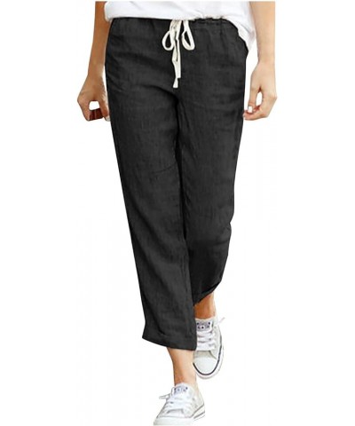 Linen Pants for Women Drawstring Elastic Waist Cotton Pants Cuffed Hem Ankle Trousers Straight Leg Capris Pants 04 Black $6.2...