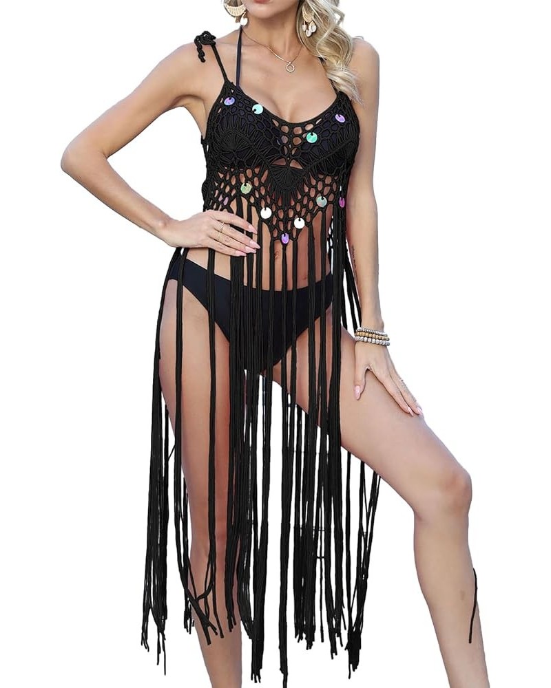 Women's Crochet Cover Ups Hollow Out Bikini Swimsuit Bathing Suit Cover Up for Pool Swimwear Tassel Beach Dress Black $13.49 ...