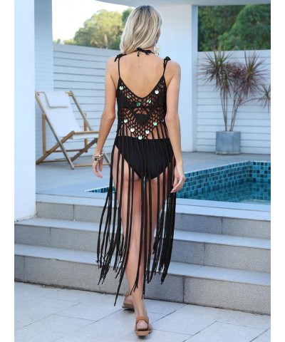 Women's Crochet Cover Ups Hollow Out Bikini Swimsuit Bathing Suit Cover Up for Pool Swimwear Tassel Beach Dress Black $13.49 ...