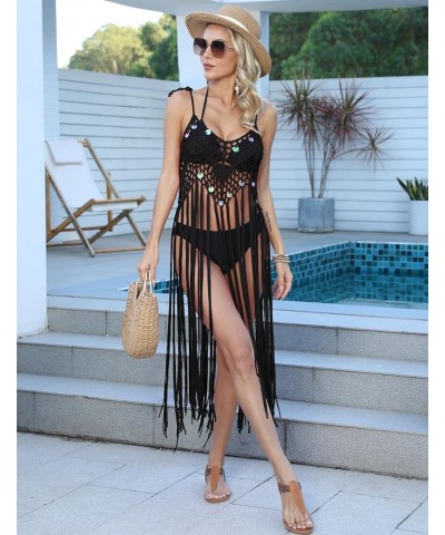 Women's Crochet Cover Ups Hollow Out Bikini Swimsuit Bathing Suit Cover Up for Pool Swimwear Tassel Beach Dress Black $13.49 ...