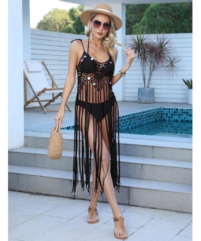 Women's Crochet Cover Ups Hollow Out Bikini Swimsuit Bathing Suit Cover Up for Pool Swimwear Tassel Beach Dress Black $13.49 ...