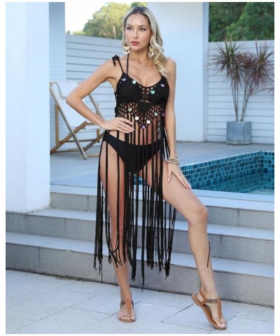 Women's Crochet Cover Ups Hollow Out Bikini Swimsuit Bathing Suit Cover Up for Pool Swimwear Tassel Beach Dress Black $13.49 ...