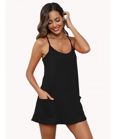 Women's Summer Sleeveless Mini Dress Adjustable Casual Short Sundress Workout Tennis Athletic Onesie with Pockets Black $18.3...