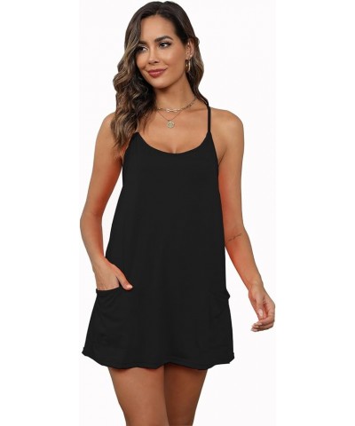 Women's Summer Sleeveless Mini Dress Adjustable Casual Short Sundress Workout Tennis Athletic Onesie with Pockets Black $18.3...