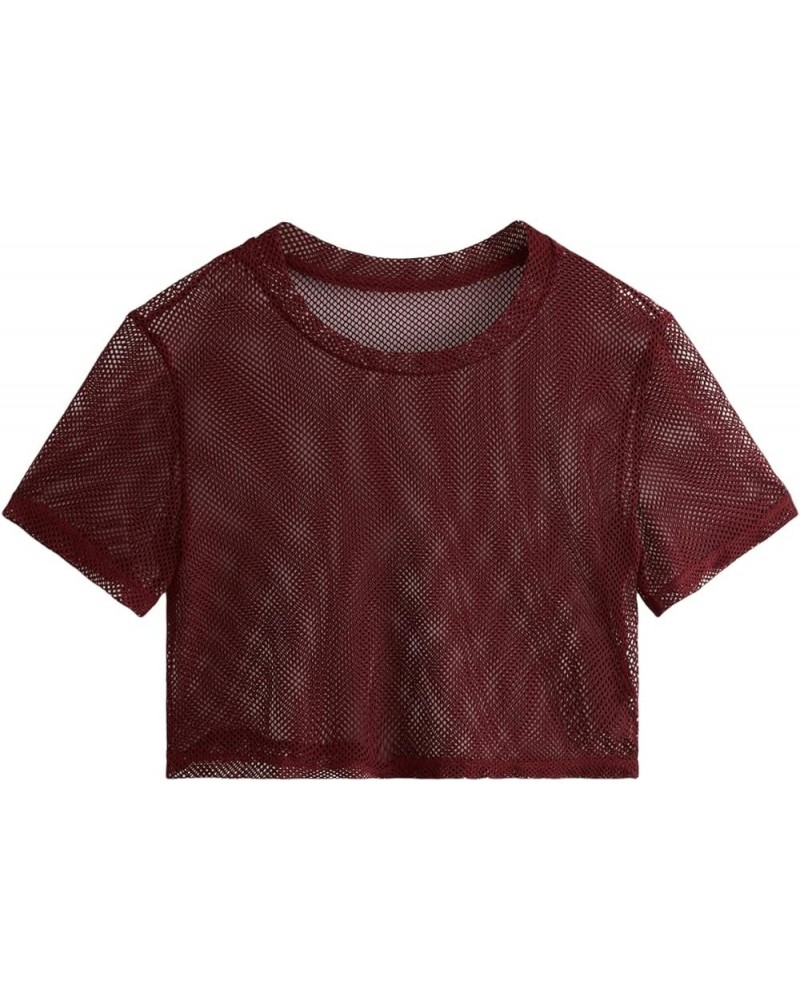 Women's Sexy Sheer Mesh Fishnet Net Short Sleeve T-Shirt Crop Top Solid Burgundy $11.00 Others