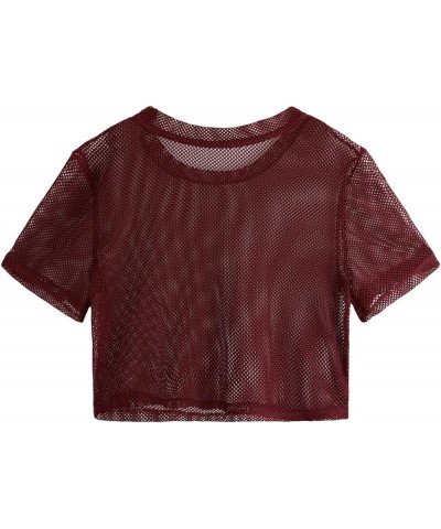 Women's Sexy Sheer Mesh Fishnet Net Short Sleeve T-Shirt Crop Top Solid Burgundy $11.00 Others